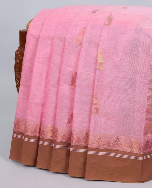 Pink zari buttas kanchi cotton saree, contrast border & pallu of paisley design