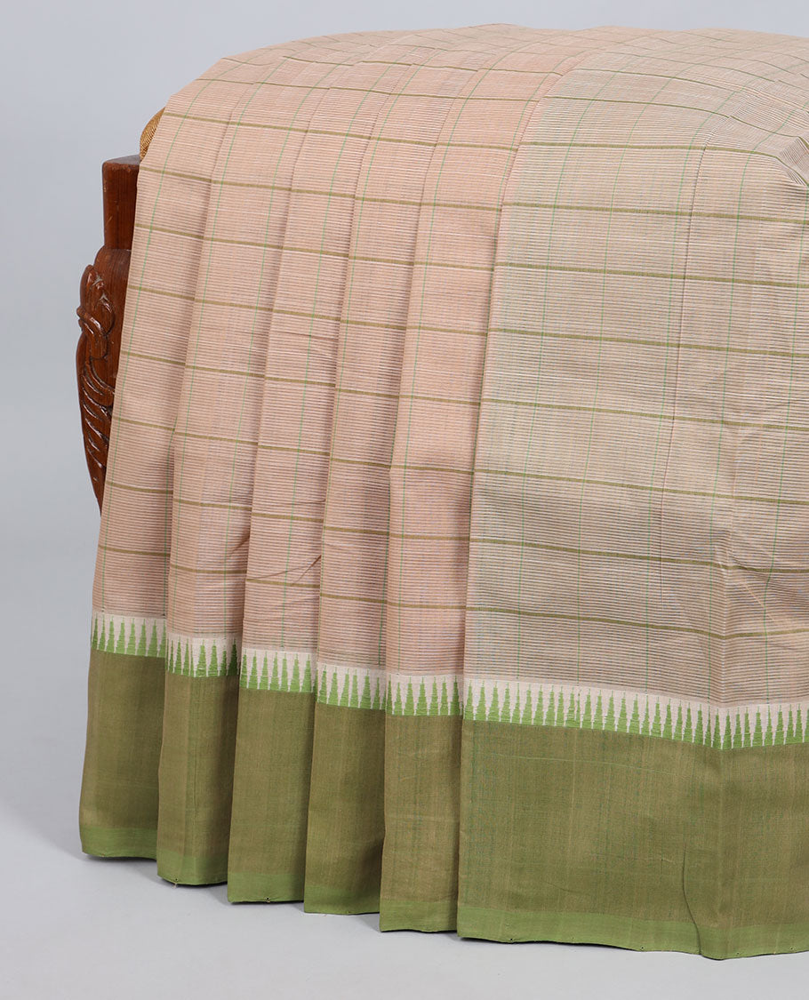 Sandal checked kanchi cotton saree, contrast temple border & pallu of stripes