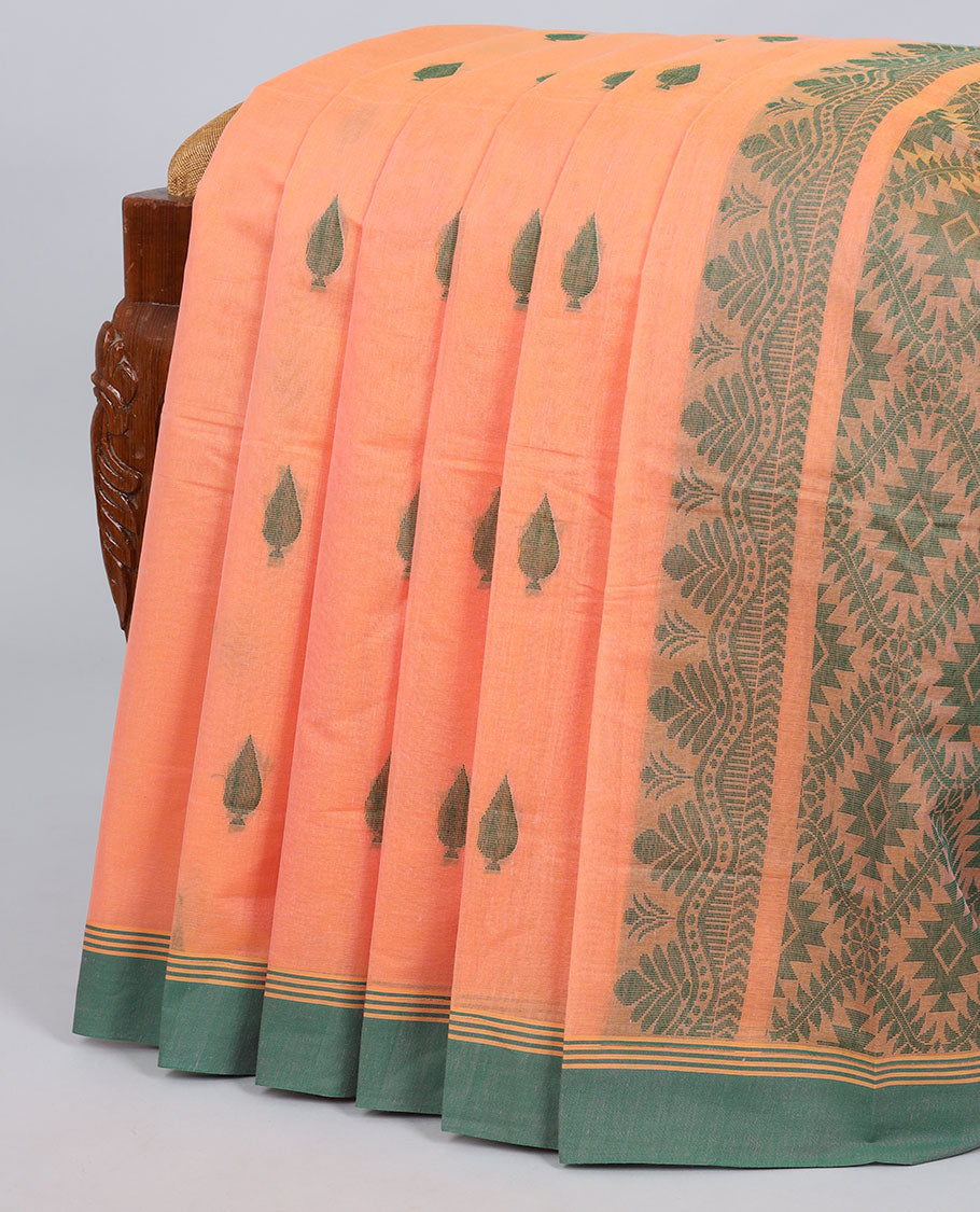 Orange buttas kanchi cotton saree, contrast border & pallu of argyle designs