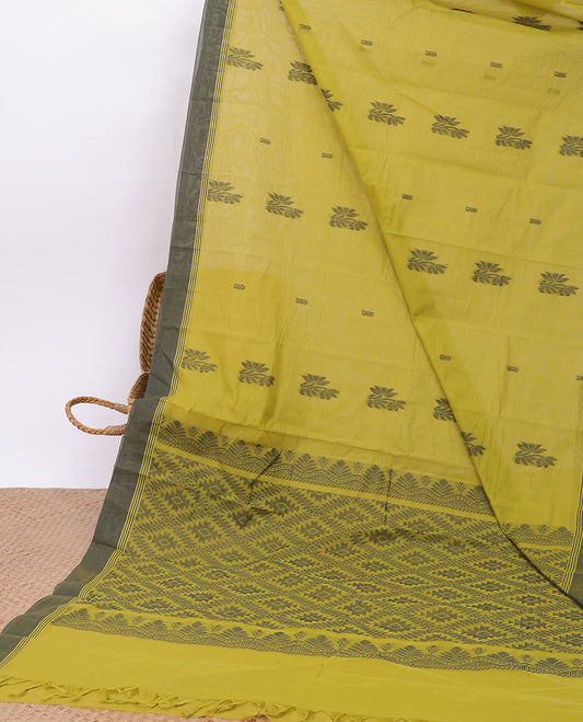 Green buttas kanchi cotton saree, contrast plain border & pallu of argyle designs