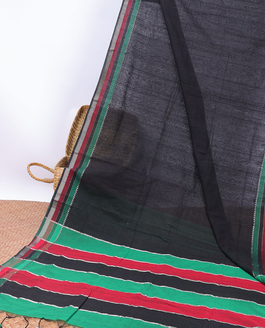 Black plain mangalgiri cotton saree, contrast multi-color striped border & pallu of stripes