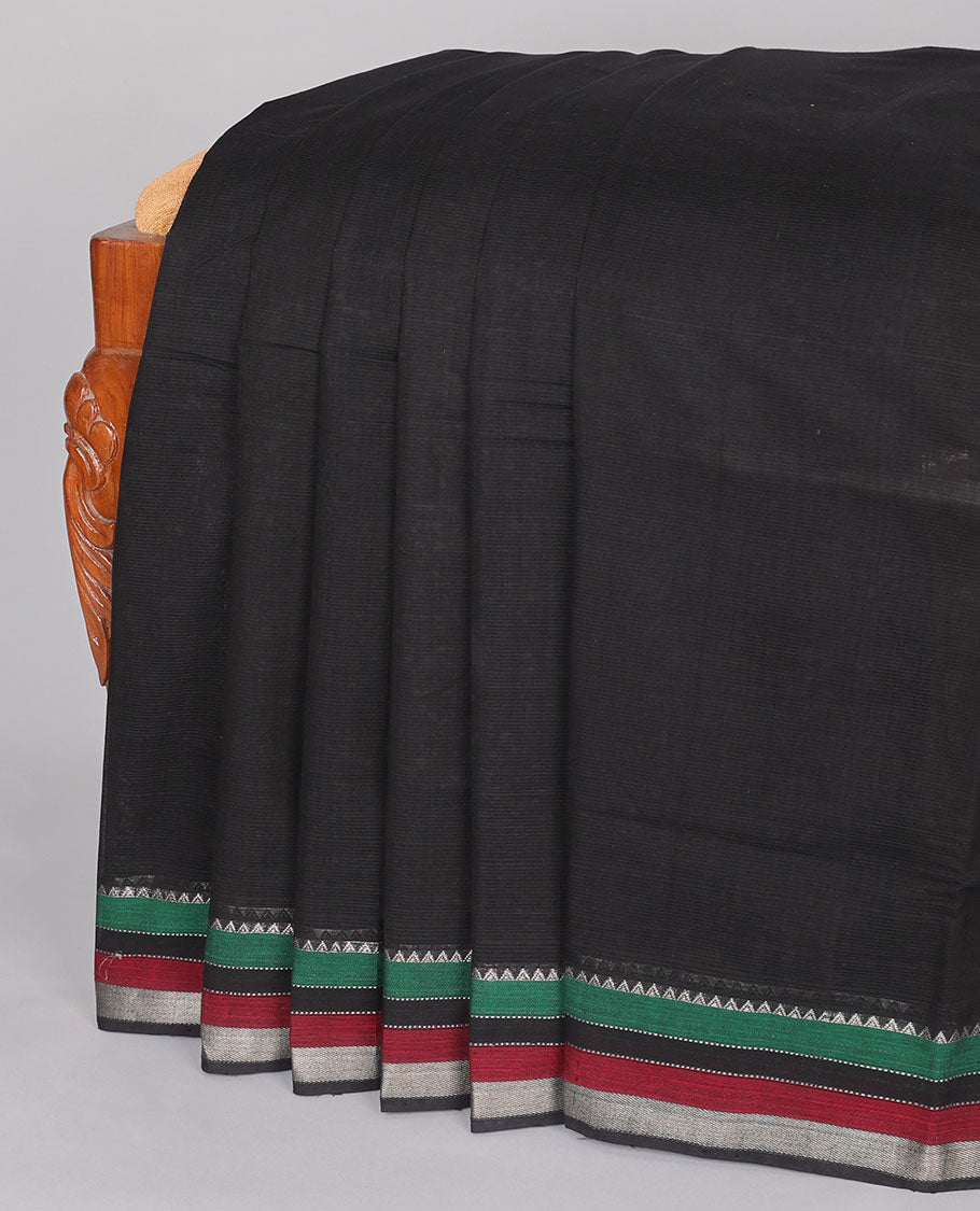 Black plain mangalgiri cotton saree, contrast multi-color striped border & pallu of stripes