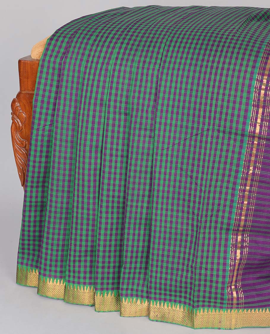 Multi-color checked design mangalgiri cotton saree, zari border & pallu of stripes