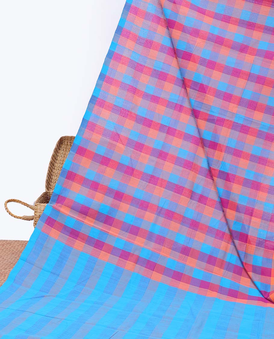 Borderless multi-color checked design mangalgiri cotton saree, self-pallu