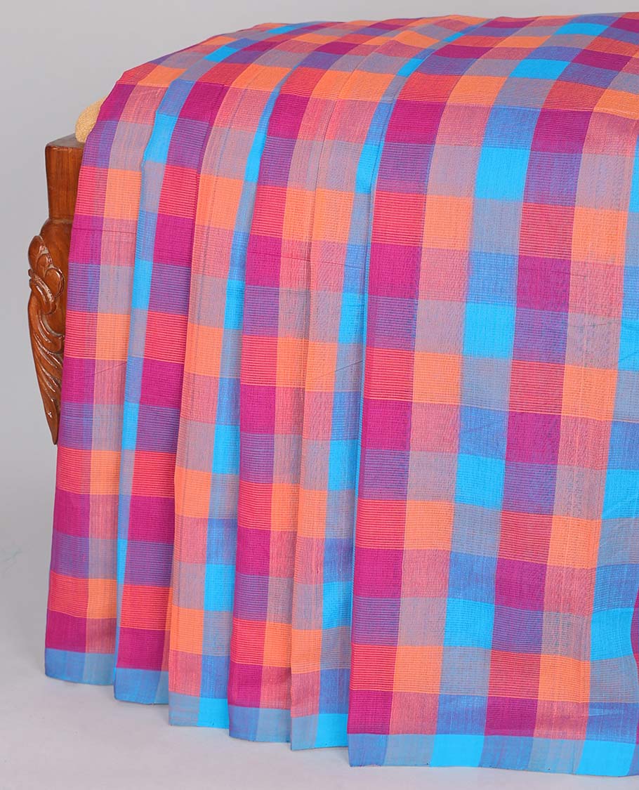 Borderless multi-color checked design mangalgiri cotton saree, self-pallu