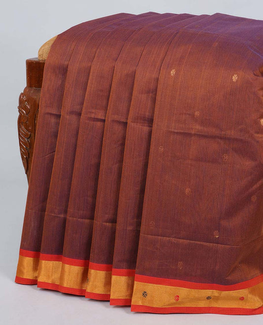 Brown venkatagiri cotton saree with buttas, contrast buttas border & pallu of zari stripes