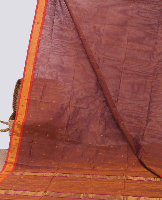 Brown venkatagiri cotton saree with buttas, contrast buttas border & pallu of zari stripes
