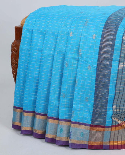 Blue checked venkatagiri cotton saree with buttas, contrast buttas border & pallu of stripes