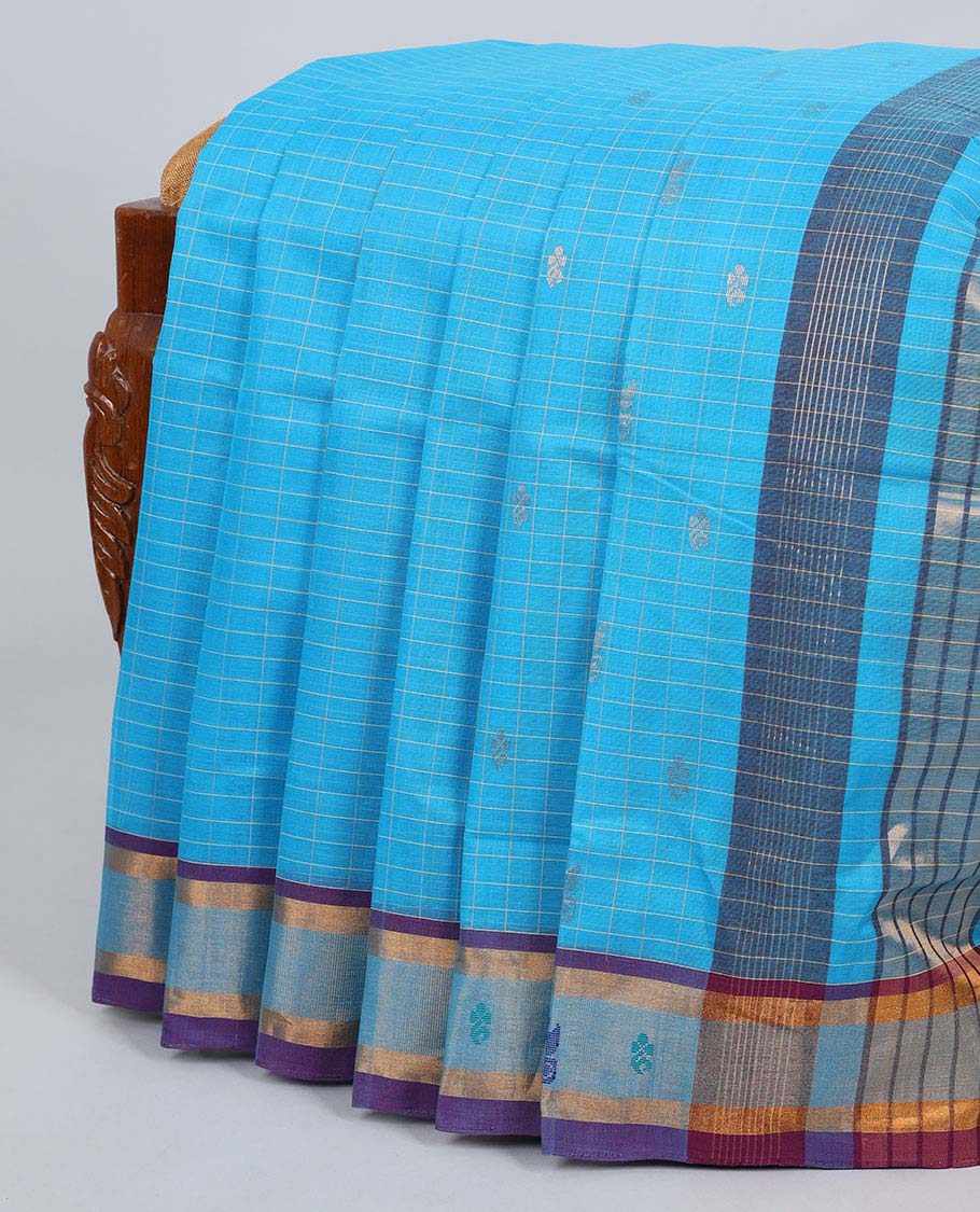Blue checked venkatagiri cotton saree with buttas, contrast buttas border & pallu of stripes