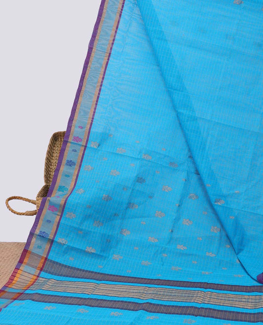 Blue checked venkatagiri cotton saree with buttas, contrast buttas border & pallu of stripes