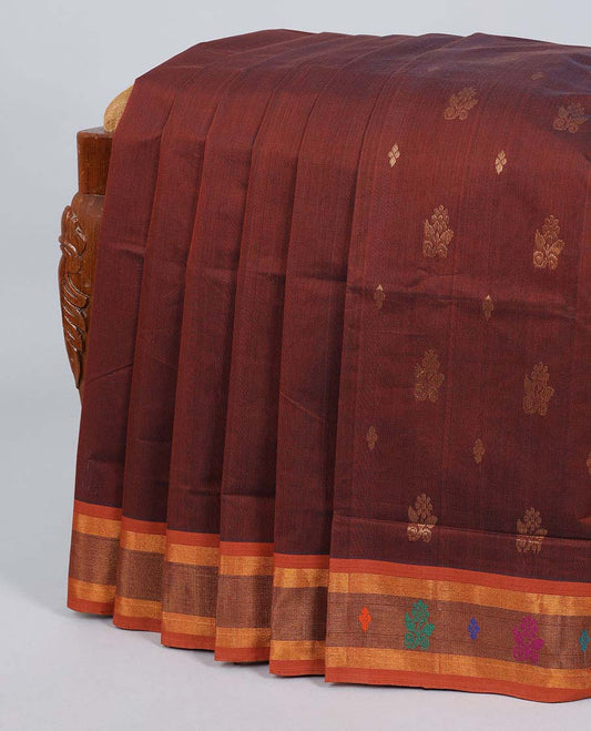 Maroon venkatagiri cotton saree with buttas, contrast unique design border & pallu of stripes