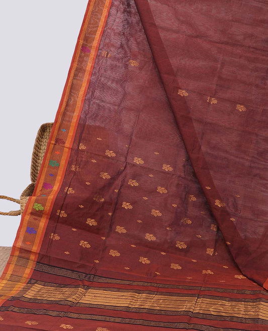 Maroon venkatagiri cotton saree with buttas, contrast unique design border & pallu of stripes
