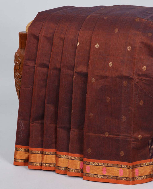 Brown venkatagiri cotton saree with all-over buttas, contrast unique design border & pallu of stripes