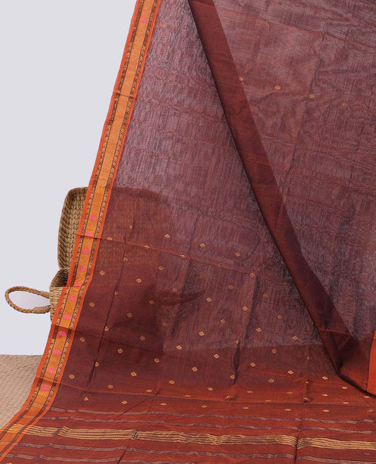 Brown venkatagiri cotton saree with all-over buttas, contrast unique design border & pallu of stripes