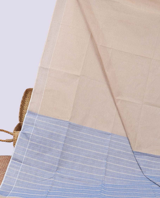 Beige plain jute cotton saree, plain border & contrast striped pallu