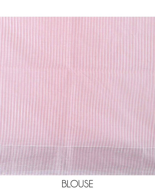 Pink striped jute cotton saree, striped border & striped pallu