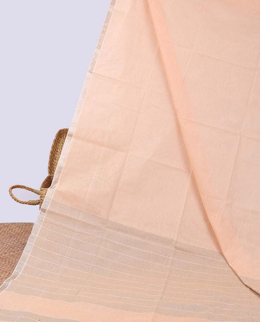 Orange plain jute cotton saree, zari border & striped pallu