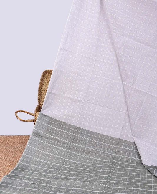 Grey checked jute cotton saree, zari border & contrast checked pallu