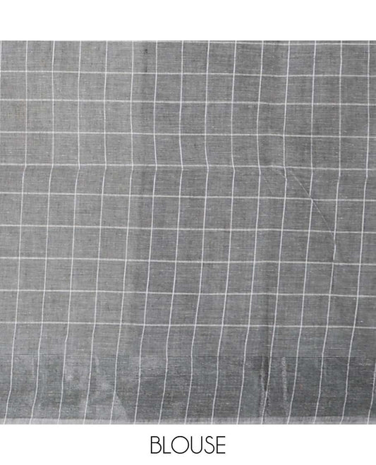 Grey checked jute cotton saree, zari border & contrast checked pallu