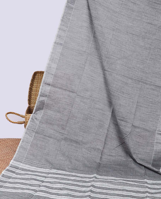 Grey plain jute cotton saree, self-border & striped pallu