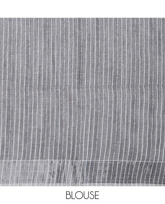 Grey plain jute cotton saree, self-border & striped pallu