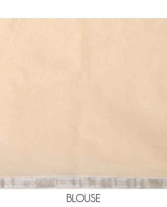 Pastel orange plain jute cotton saree, zari border & striped pallu