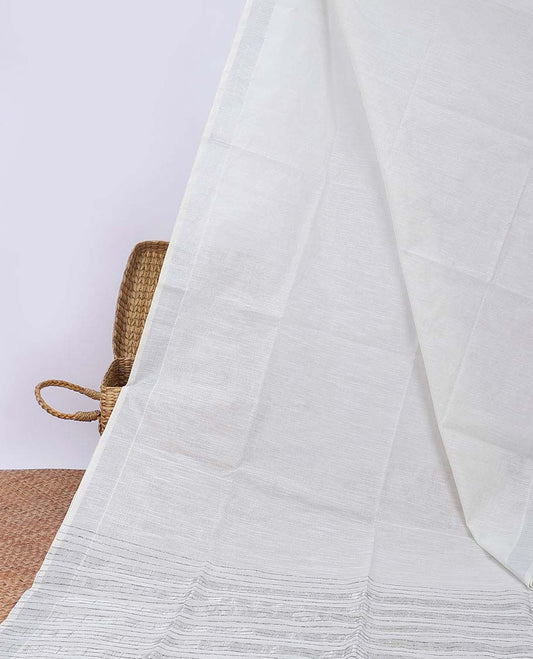 Grey plain jute cotton saree, zari border & striped pallu