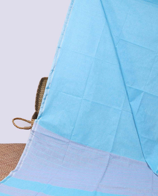 Blue plain jute cotton saree, self-border & striped pallu