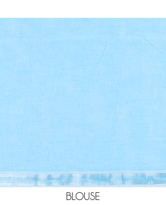 Blue plain jute cotton saree, self-border & striped pallu