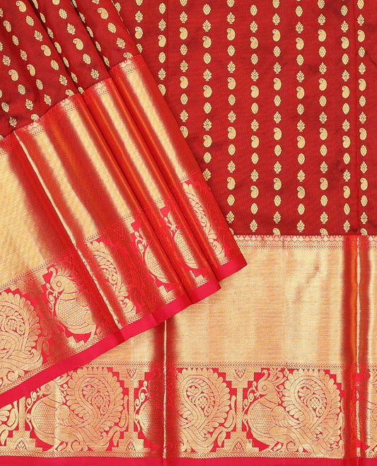 Maroon pure-silk half-saree with buttas, contrast traditional zari design border & blouse  with intricate dhavani