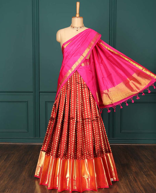 Maroon pure-silk half-saree with buttas, contrast traditional zari design border & blouse  with intricate dhavani