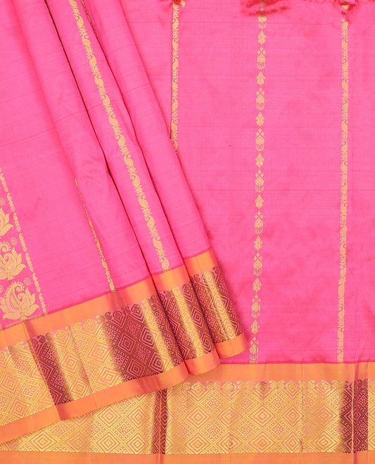 Pink pure-silk half-saree with zari designs, contrast traditional zari border, blouse & jaal patterned dhavani