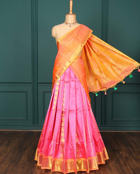 Pink pure-silk half-saree with zari designs, contrast traditional zari border, blouse & jaal patterned dhavani
