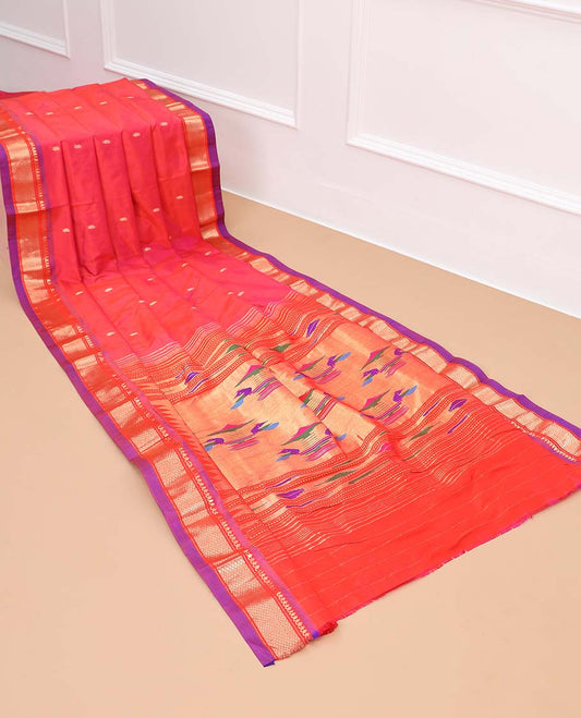 Pink paithani silk saree with buttas, contrast traditional design border & peacock design pallu