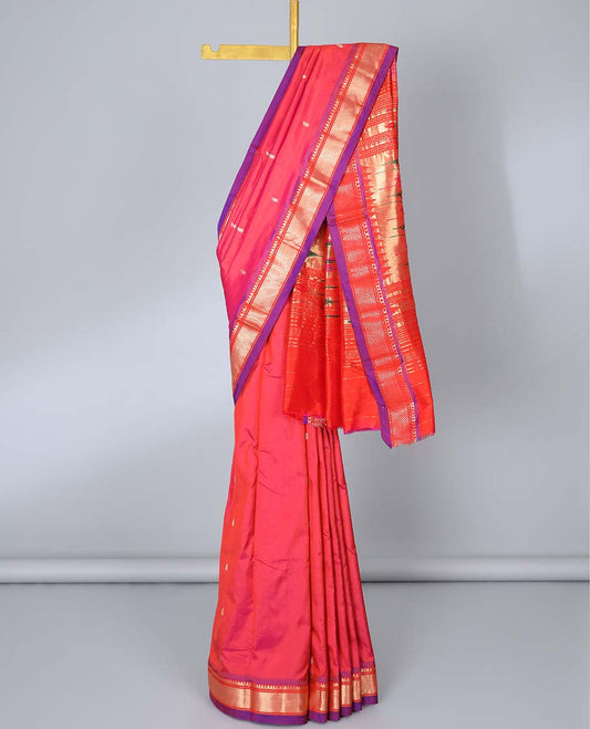 Pink paithani silk saree with buttas, contrast traditional design border & peacock design pallu