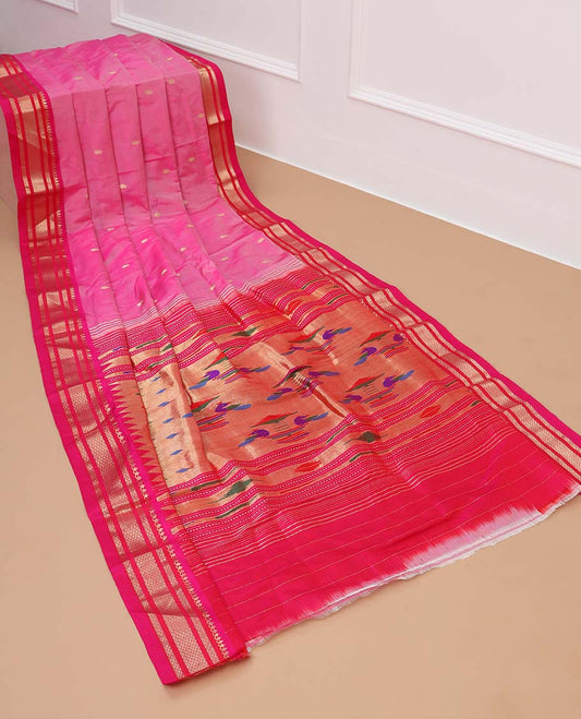 Pink paithani silk saree with buttas, contrast traditional design border & peacock design pallu