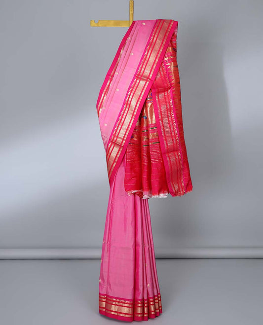 Pink paithani silk saree with buttas, contrast traditional design border & peacock design pallu