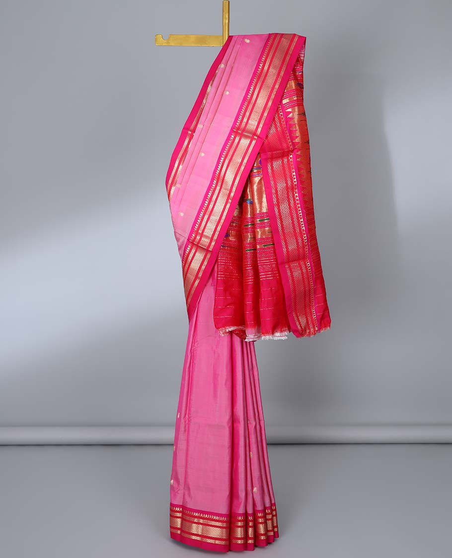Pink paithani silk saree with buttas, contrast traditional design border & peacock design pallu