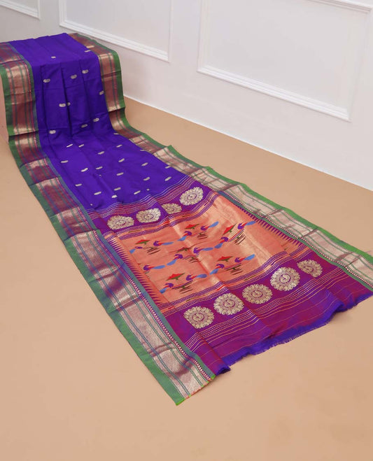 Blue paithani silk saree with buttas, contrast traditional design border & pallu of peacock designs