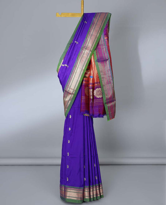 Blue paithani silk saree with buttas, contrast traditional design border & pallu of peacock designs