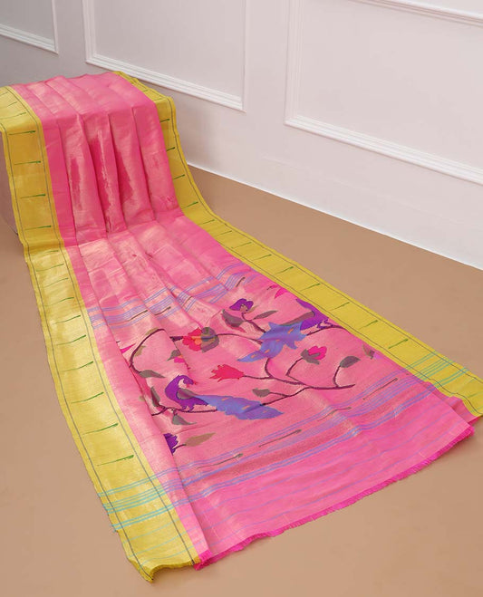 Pink paithani silk saree, contrast muniya border & pallu of colorful floral & peacock designs