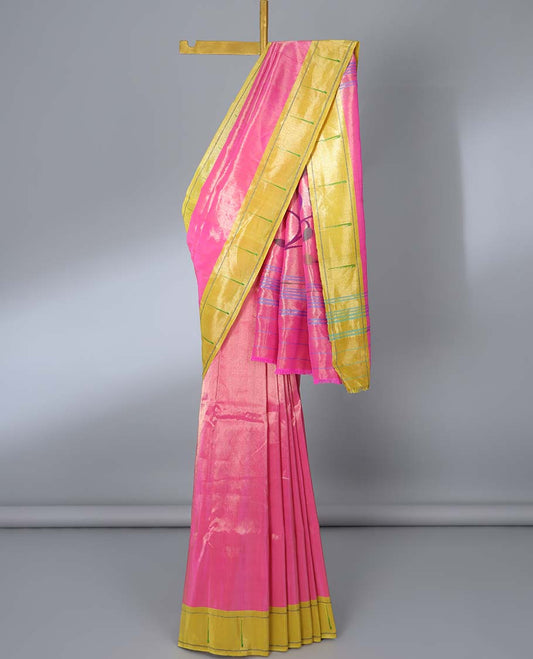 Pink paithani silk saree, contrast muniya border & pallu of colorful floral & peacock designs