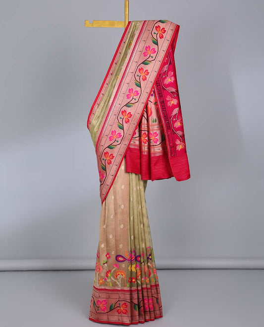 Gold paithani silk saree with buttas, contrast muniya border of floral creeper & pallu of tree & bird designs