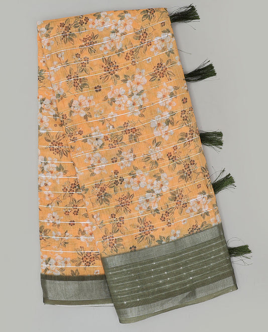 Orange floral printed  & sequins striped linen saree, contrast sequins striped border