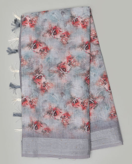 Grey floral printed & stone work linen saree, stone work border