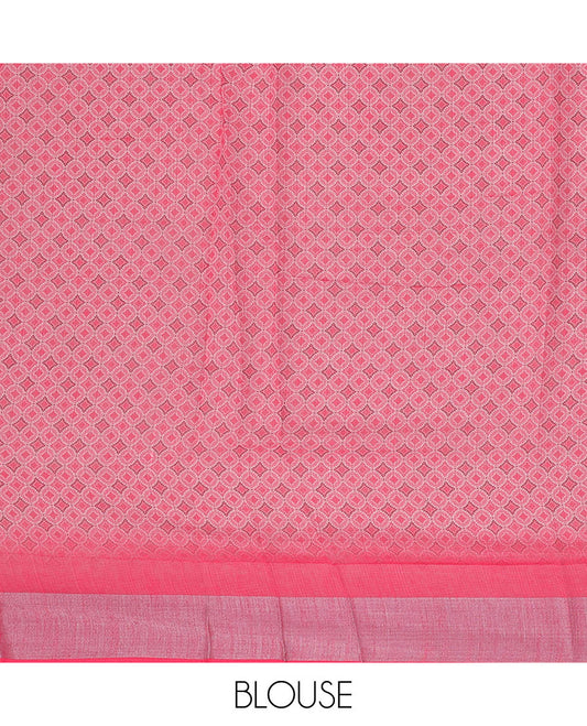 Multi-color geometric printed & stone work linen saree, contrast stone work border