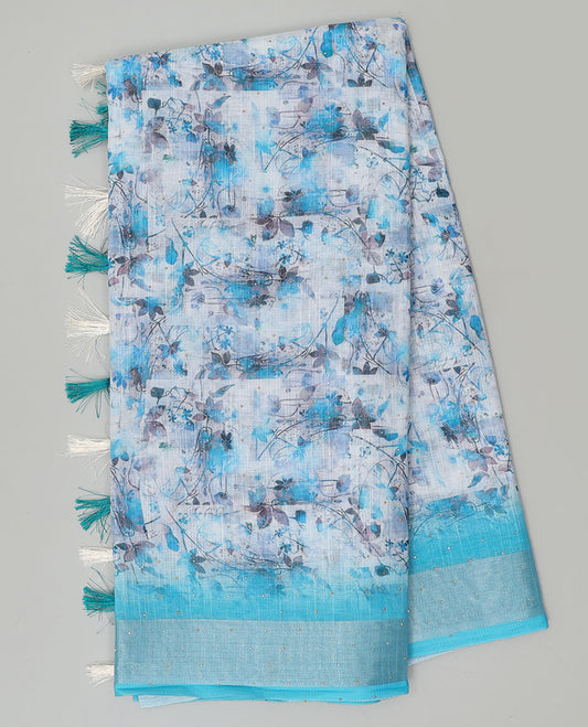 Blue floral printed & stone work linen saree, contrast stone work border
