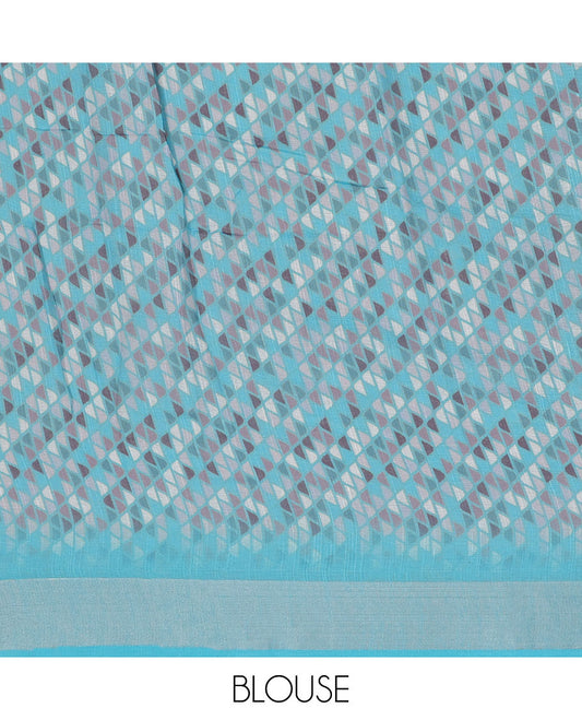Blue floral printed & stone work linen saree, contrast stone work border