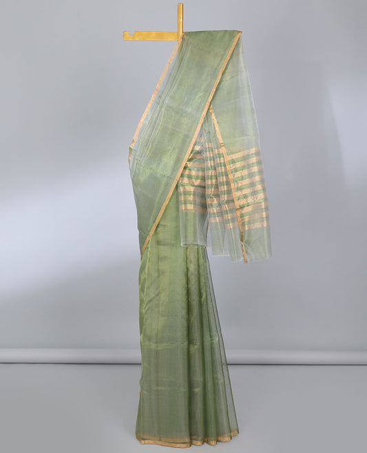 Borderless green plain design cotton saree, self-pallu of stripes