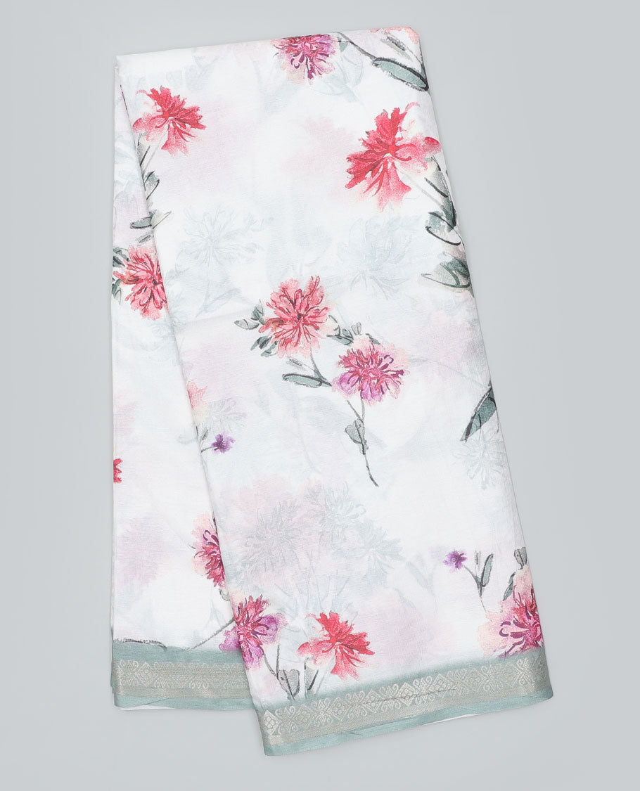 Off-white floral motifs printed semi-banaras dola saree, contrast traditional zari border